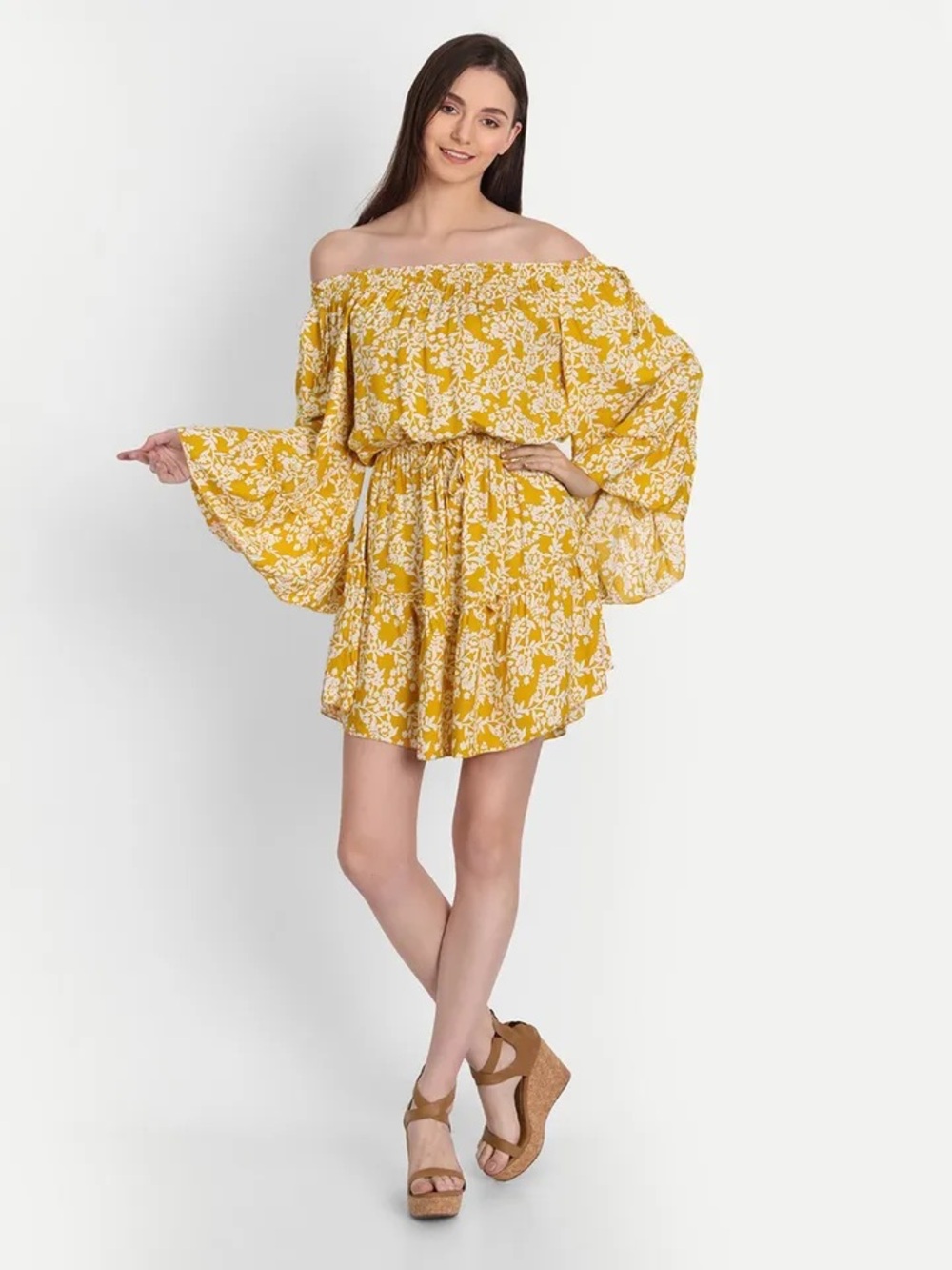 NWT Vicky and Lucas Yellow Floral Off-Shoulder Boho Peasant Dress Bell Sleeves M